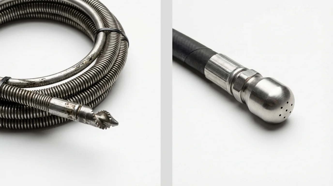 Drain snake cable and hydro jetting nozzle used for drain cleaning in Evansville, WI