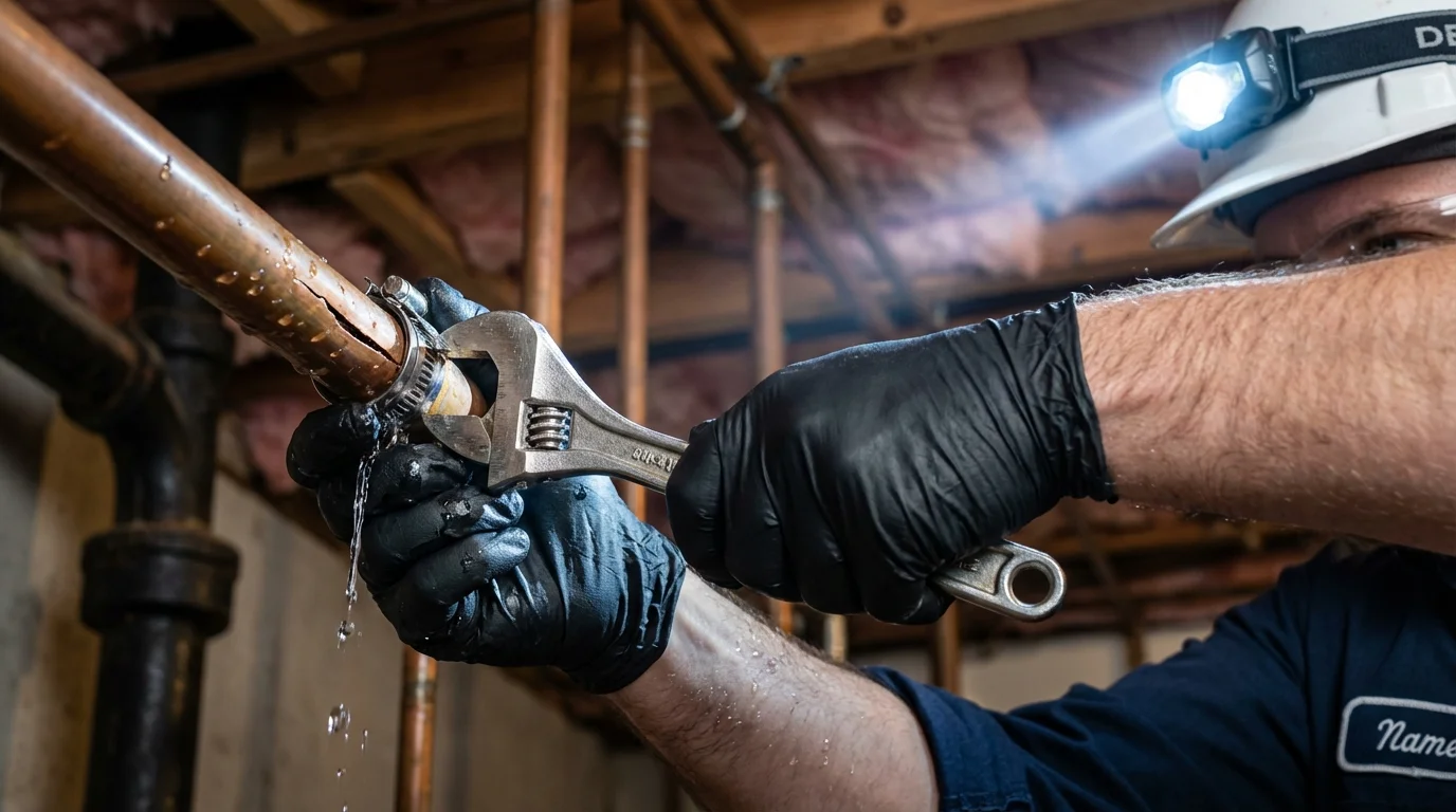 Emergency pipe clamp repair being performed by a Johns Plumbing LLC plumber in Evansville