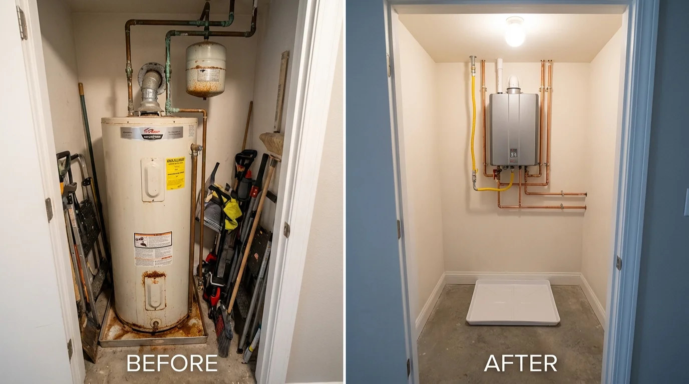Tank water heater versus wall-mounted tankless unit comparison for Evansville, WI homeowners