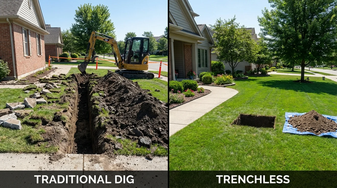 Trenchless sewer repair with minimal yard damage versus traditional excavation in Evansville, WI