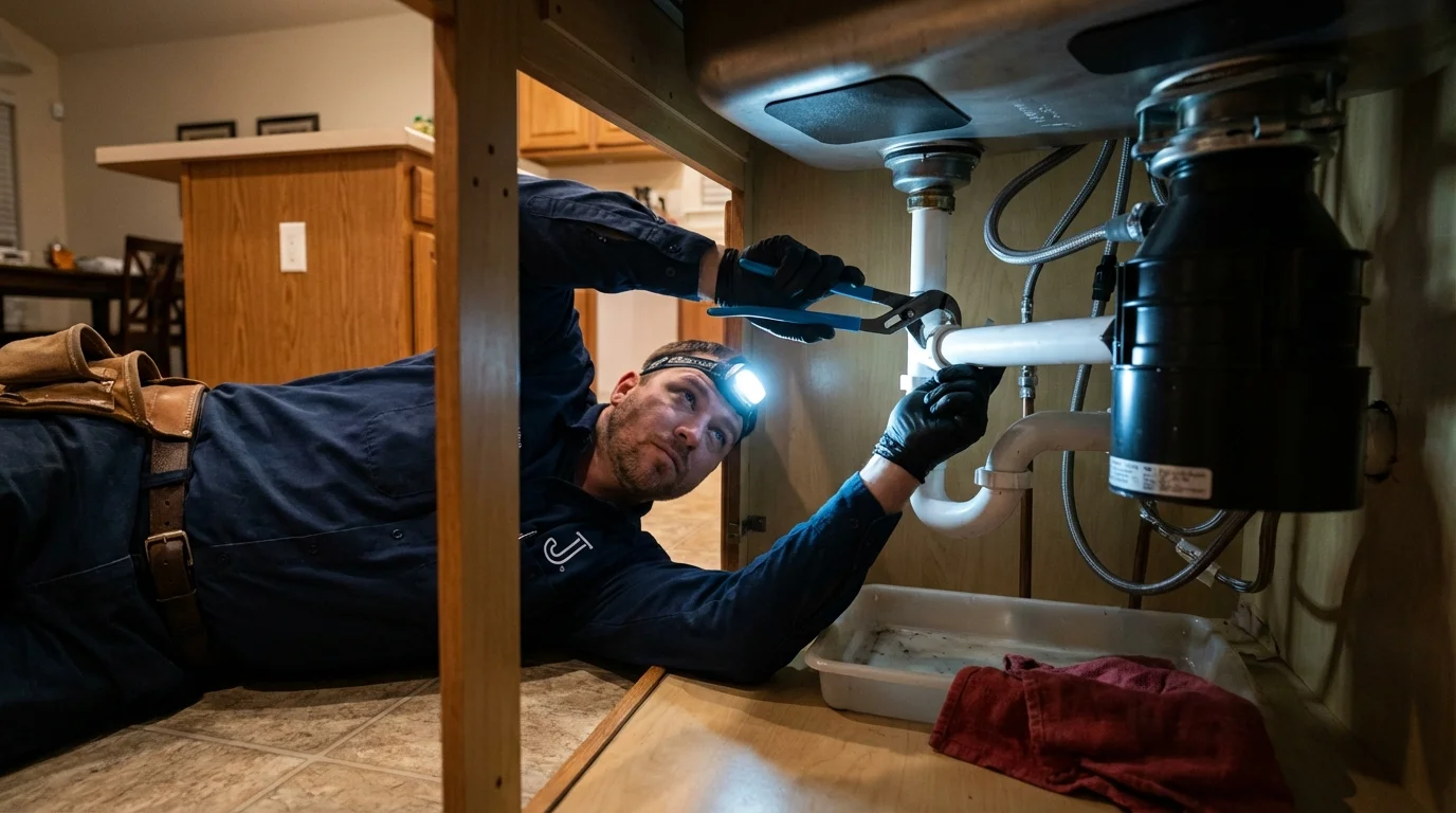 P-trap and supply line connections under a kitchen sink showing a common leak point in Evansville, WI